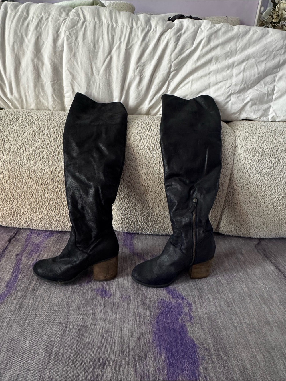Black Knee-High Leather Boots with Block Heel